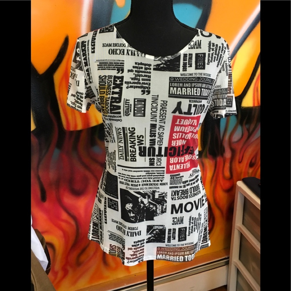 Lizabell silk newspaper print shirt size L